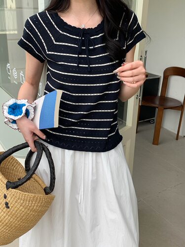 3th Morning 南法小调 镂空绑带花边方领条纹针织短袖ZY3032