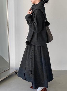 江左 复古高级感木耳边加绒套装冬季圆领长袖卫衣+半身裙 Y25365