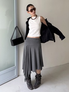 MMFISH时髦街头不规则蕾丝下摆裙抽褶宽松纯色堆叠半裙25Q486