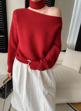 司南 早春新款 含围脖一字肩设计感显瘦华夫格针织衫毛衣 SN8579