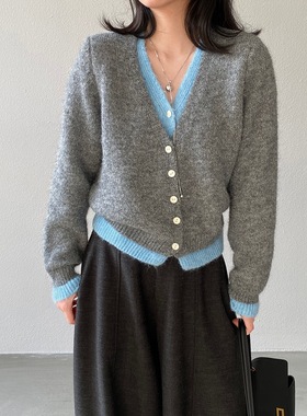 江左 法式V领假两件针织毛衣女设计感软糯气质休闲长袖上衣 98812