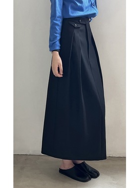 言双 气质压褶半身裙女春季新款纯色高腰直筒A字半身裙子9780