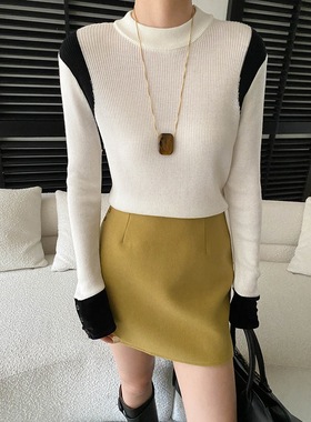 司南 早春新款 法式复古丝绒撞色拼接修身显瘦针织衫打底 SN8536