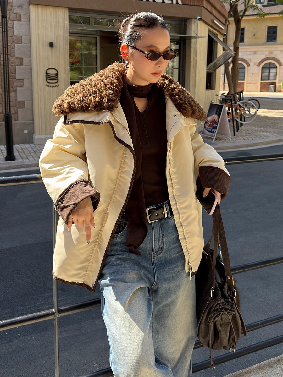 MMFISH时髦街头复古加厚中长款夹棉撞色外套25Y618（可拆卸毛领）