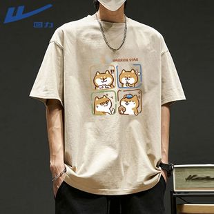 回力卡通可爱柴犬短袖t恤男夏季潮牌五分袖潮流2025新款百搭衣服