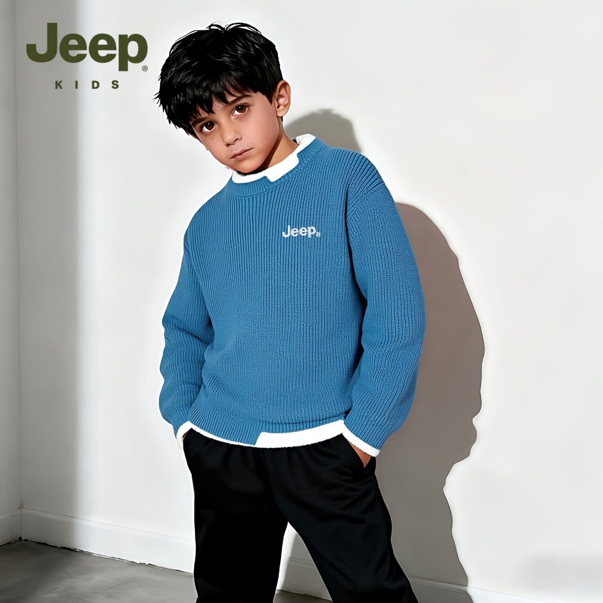 Jeep吉普童装男童圆领毛衣2025秋冬儿童长袖假两件上衣中大童打底