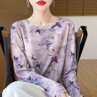 女圆领薄款 2025春季 T恤针织打底衫 新款 上衣防晒内搭 水溶印花长袖