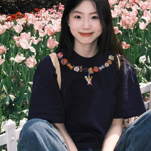 美式 chic上衣 复古街头风纯棉短袖 t恤女夏2025学生宽松慵懒风半袖