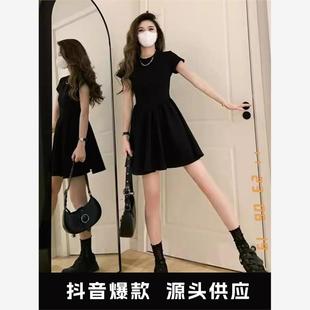 抖音爆款 a字裙 小黑裙甜美风连衣裙女收腰裙子显瘦小个子夏季 新款