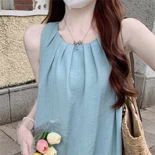 连衣裙女装 年新款 法式 夏季 背心长裙子 时尚 海边度假风温柔挂脖无袖