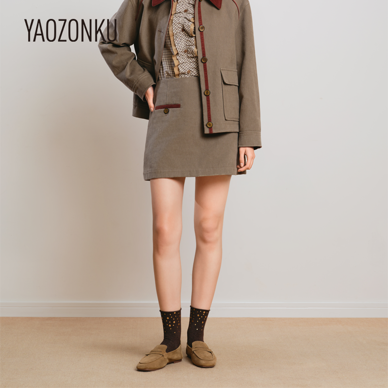 YAOZONKU姚宗谷25秋冬设计师款迷你A字裙气质高腰口袋短款半身裙