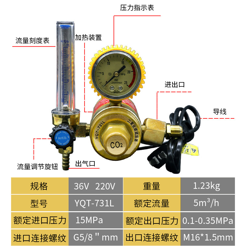 德国品质碳阀co2表 220v 36v二氧化碳减压器节T能表配国标二氧化