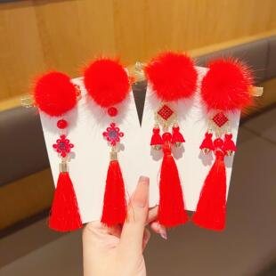 中女童国风发夹唐装古风汉服流苏女孩儿童丸子头新年头饰红色发饰