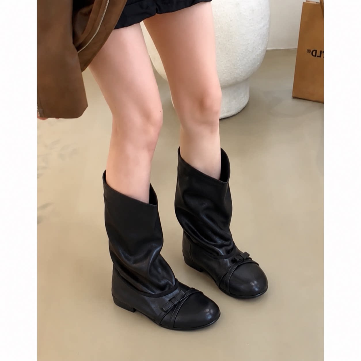 韩版黑色蝴蝶结低跟中筒堆堆靴