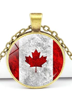 新款加拿大创意国旗项链饰品女百搭时光宝石枫叶旗帜吊坠项链毛衣