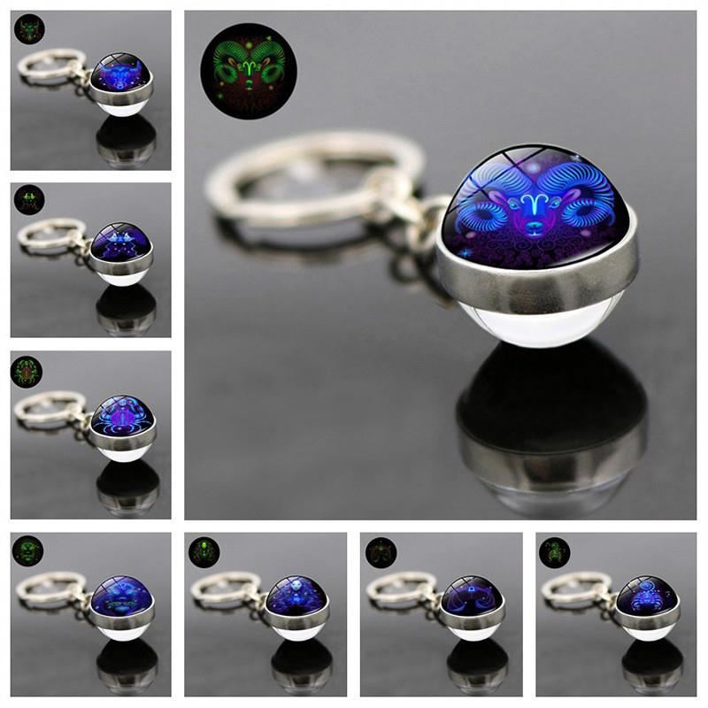 新款跨境新品配饰 十二星座夜光金属钥匙扣 时光宝石双面玻璃球钥