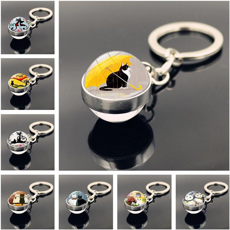 新款黄色雨伞黑猫时光宝石钥匙扣挂件玻璃球吊坠钥匙链汽车包包挂
