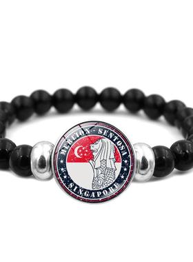 新款新加坡国旗标志建筑手链男女百搭时光宝石世界旗帜编织串珠手