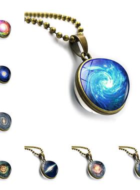 新款跨境新品配饰 宇宙太空漩涡时光宝石项链 欧美双面玻璃球吊坠