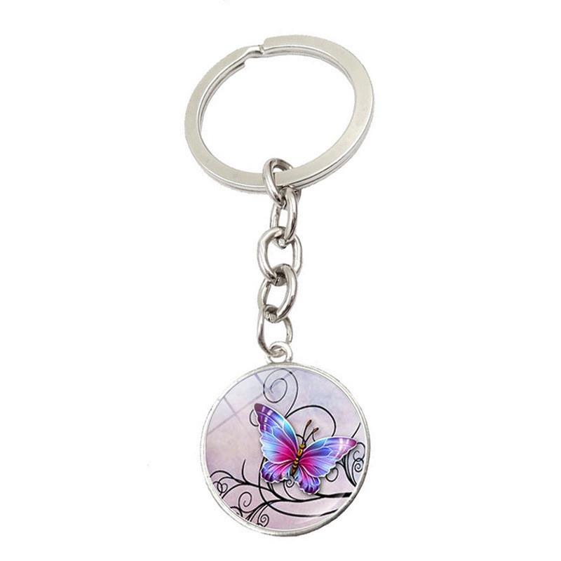 新款彩色蝴蝶钥匙链挂件时光宝石亚马逊复古动物蝴蝶钥匙扣挂饰品