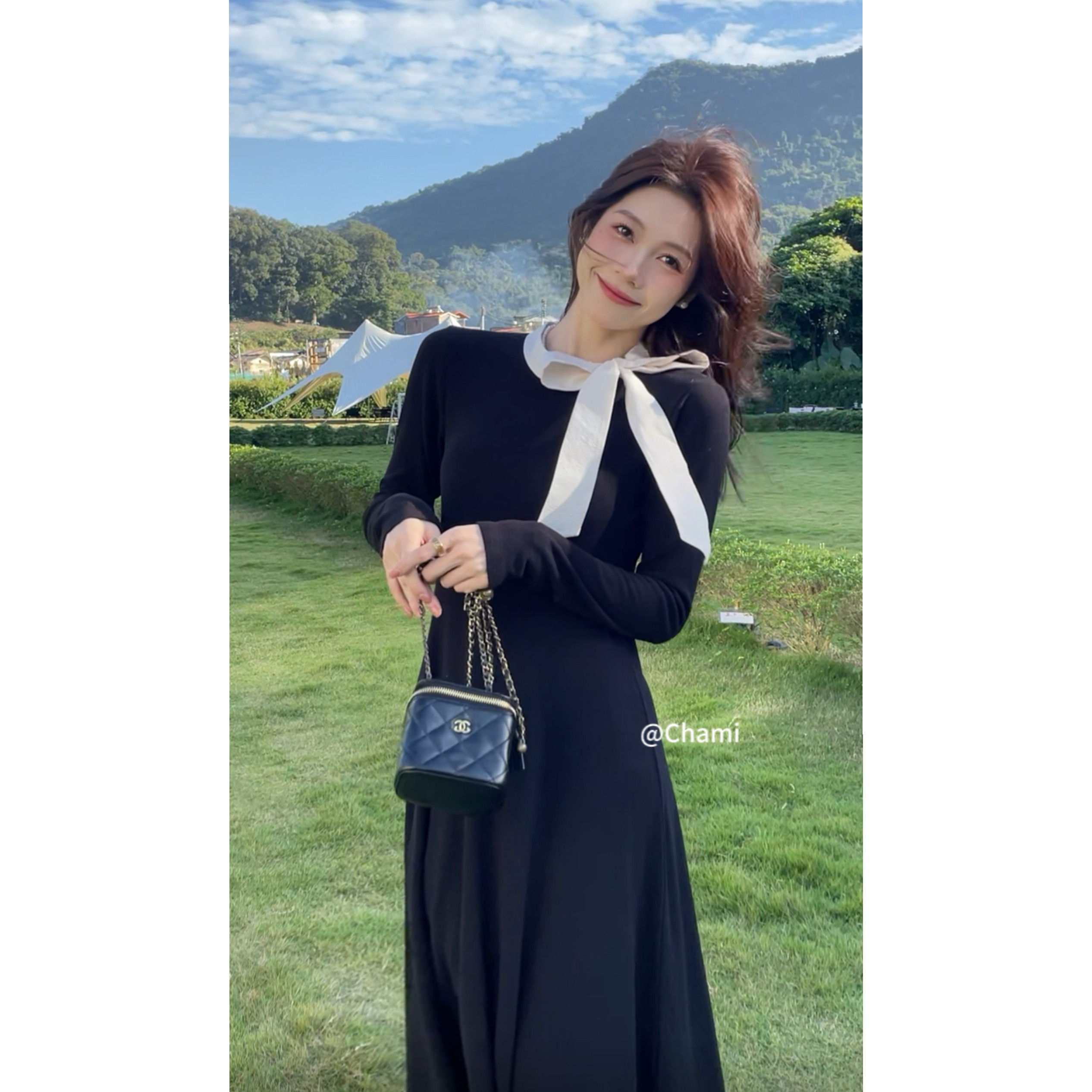 chami「南韩金秘书」法式复古连衣裙绑带蝴蝶结设计感显瘦长裙子