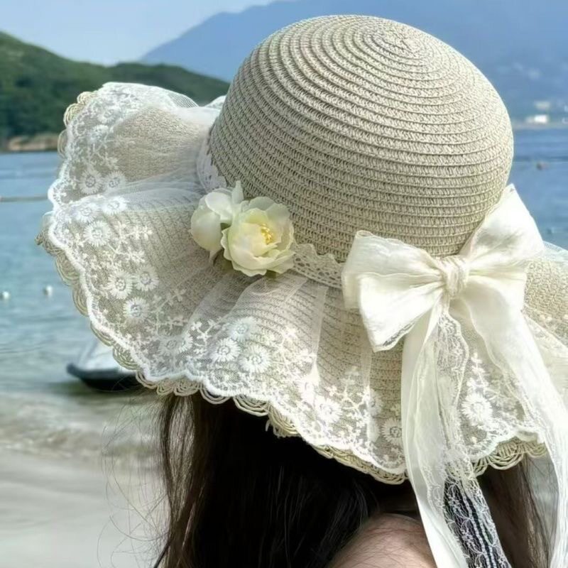 田园风大檐蕾丝蝴蝶结草帽女夏季