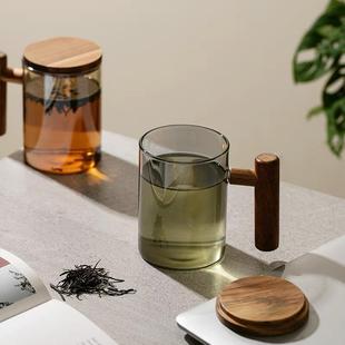 玻璃泡茶杯办公室大容量喝水杯家用带盖木把花茶杯子水杯 日式