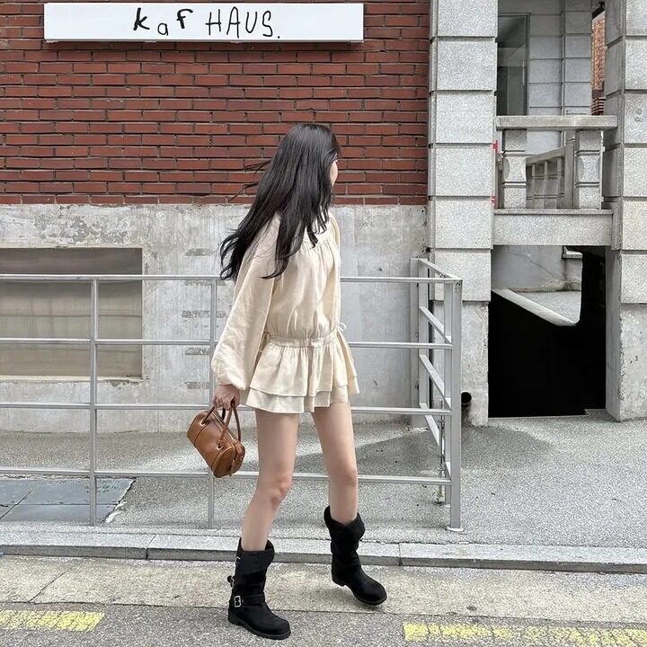 韩系法式甜美温柔圆领收褶抽绳收腰小个子长袖短裙连衣裙