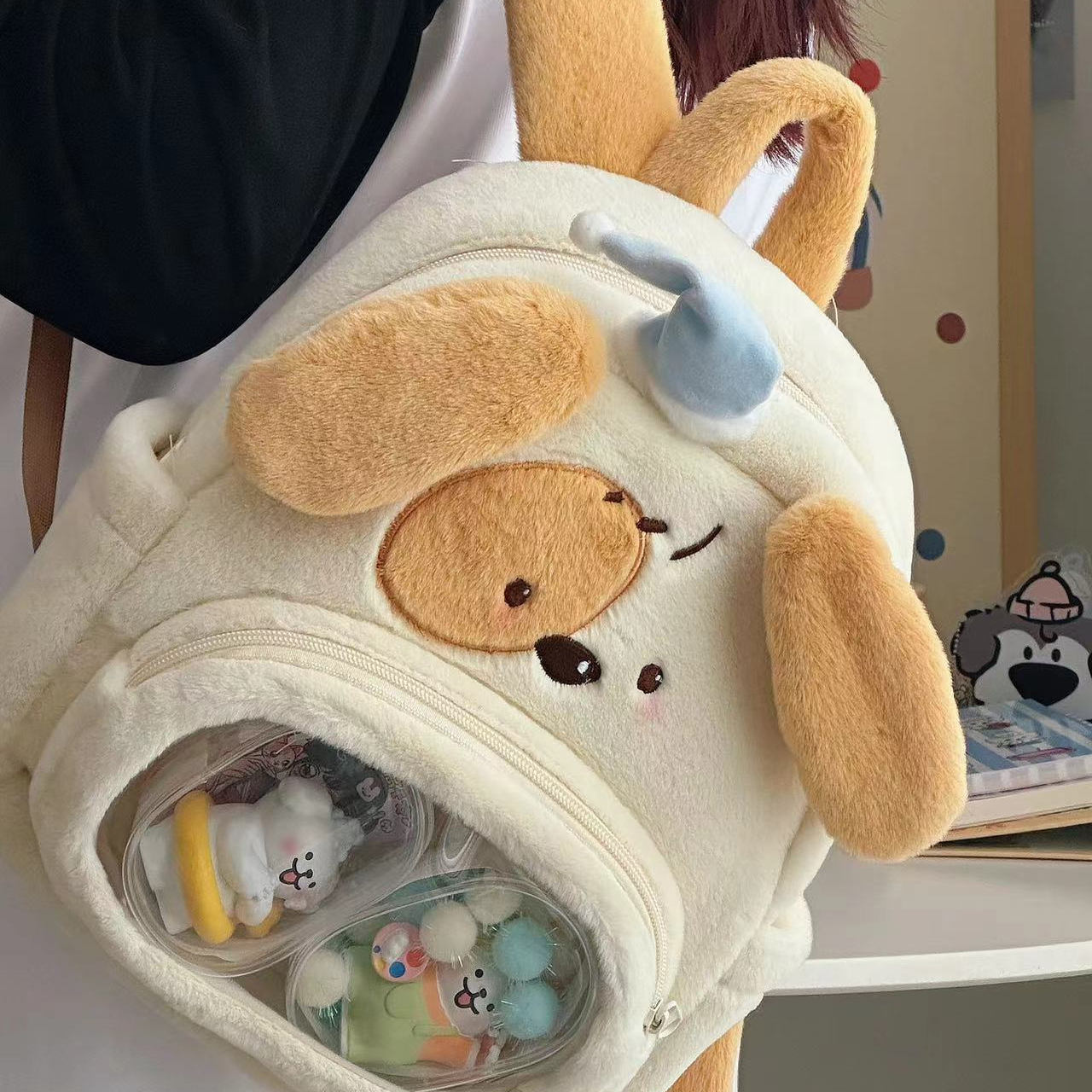 软萌卡通可爱毛绒小狗痛包秋冬软萌少女旅游双肩包校园风书包