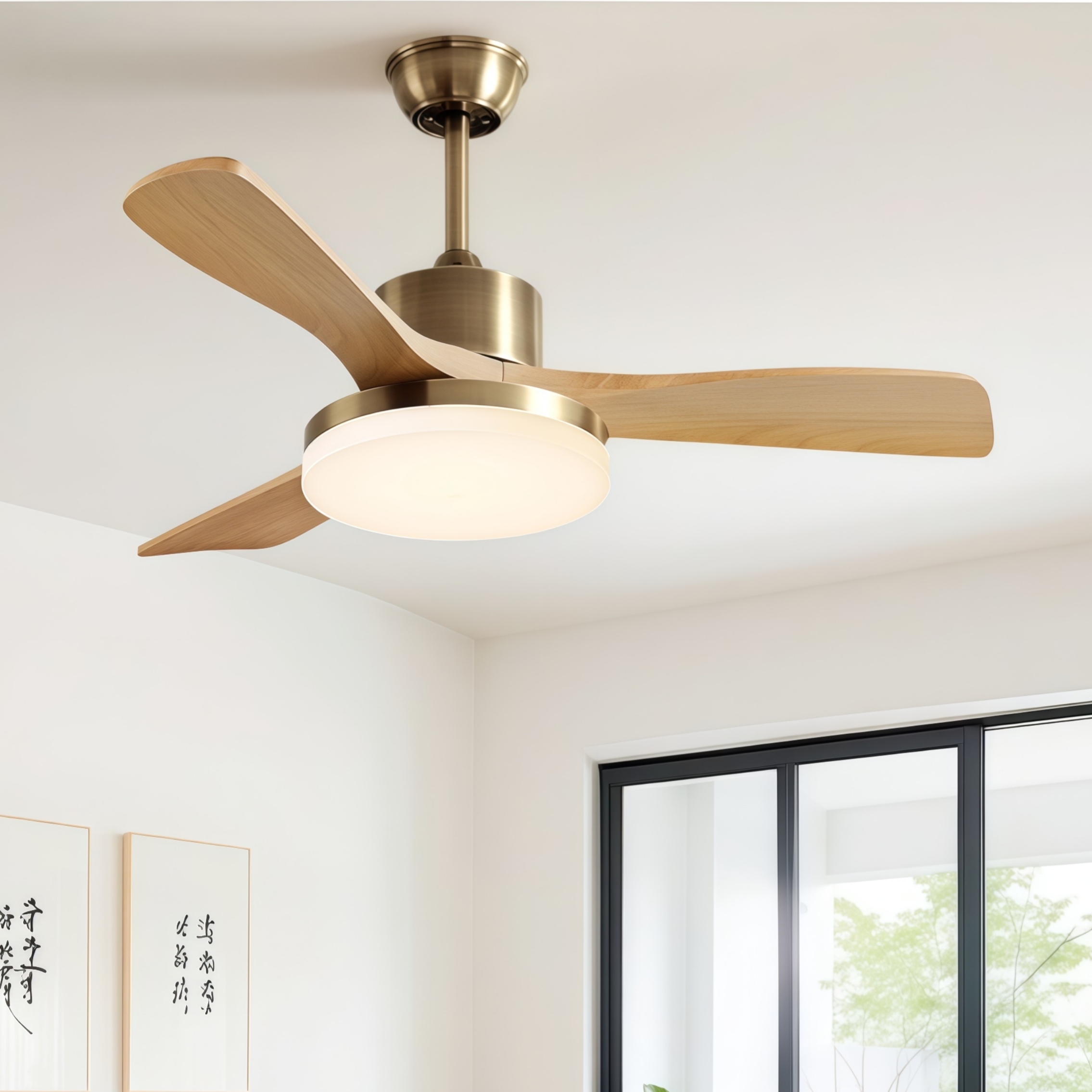 北欧风扇灯吊扇灯客厅餐厅卧室实木日式护眼家用电扇灯中古原木风