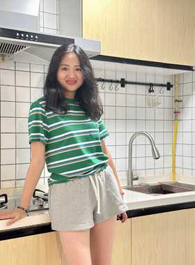 24夏新款灰色松紧腰字母印花logo抽绳显腿长辣妹款纯棉休闲短裤