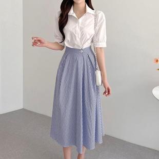 拼接條紋翻領泡泡袖 連衣裙女收腰顯瘦中長襯衣裙 法式 韓國chic夏季