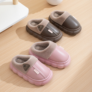 男童女孩厚底防滑室内加绒保暖PU皮包跟棉鞋 防水儿童棉拖鞋 秋冬季
