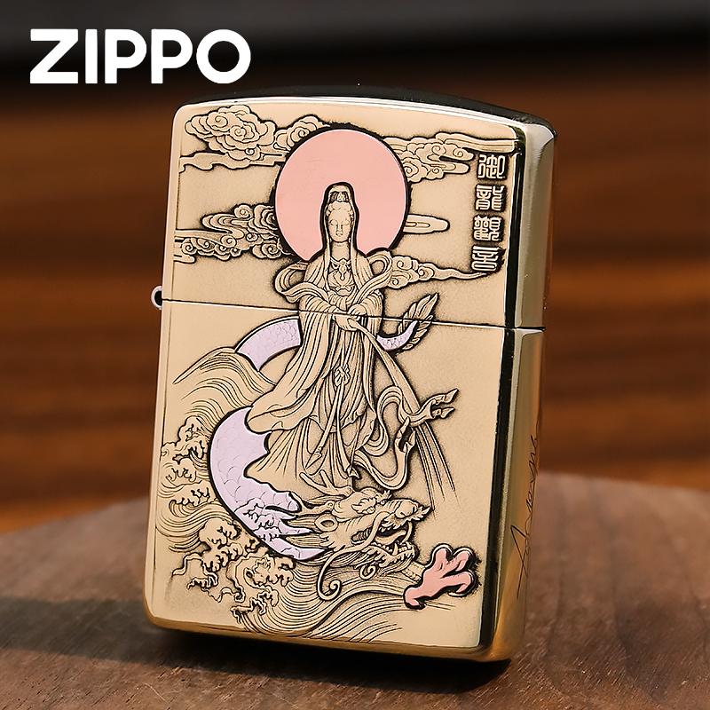 ZIPPO正品打火机168御龙观音纯银纯紫铜镶嵌盔甲浮雕送礼DY9812GQ