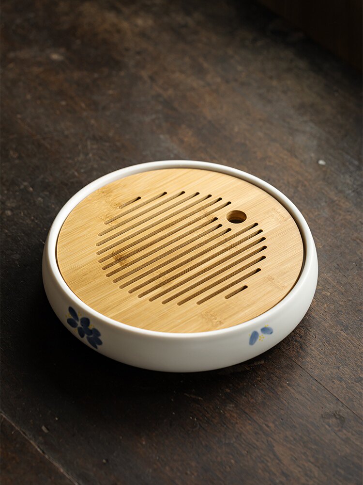 古茶手绘桂花陶瓷小茶盘圆形家用竹排水盘小干茶桌带茶杯
