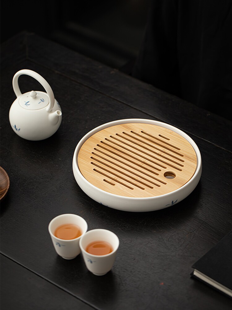古与茶手绘兰花陶瓷小茶盘小型托盘迷你干泡盘功夫茶具一人用储水