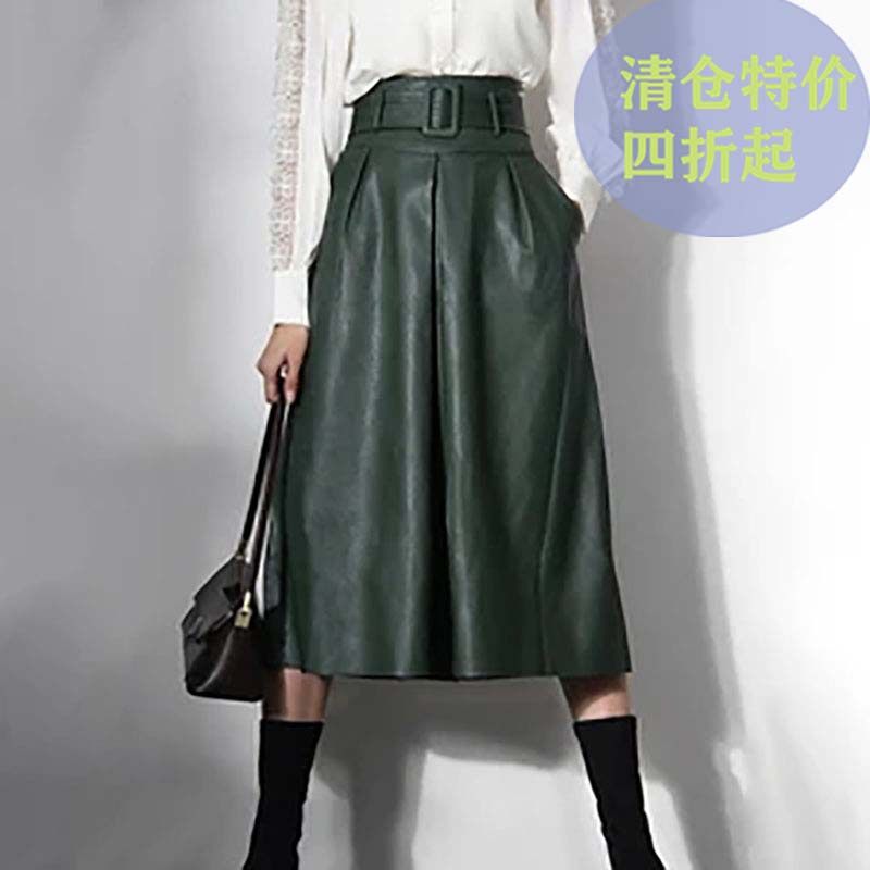 2024春夏新款高腰设计简约百搭军绿色PU皮裙子皮革半身裙