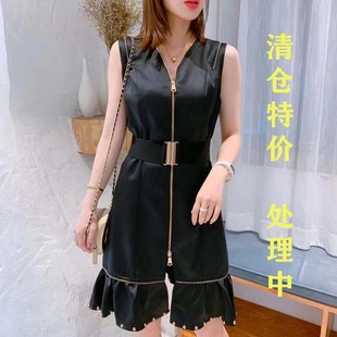 歐美通勤優(yōu)雅氣質(zhì)2024春季 荷葉邊腰封設(shè)計連衣裙 文雅淑女無袖 新款