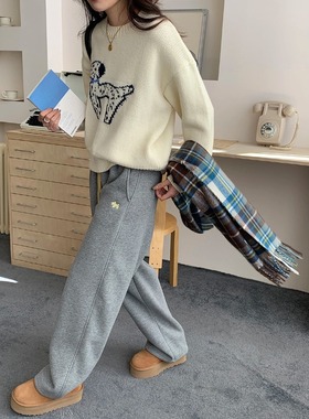 3th Morning 撞色抽绳小狗刺绣宽松束脚阔腿加绒卫裤ZY2580