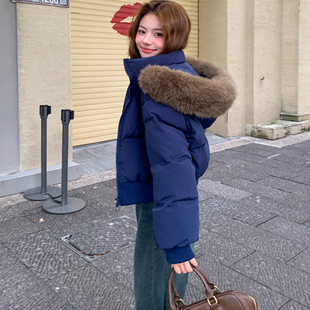 90白鸭绒毛领收腰羽绒服女短款2025冬季新款小个子面包服加厚外套