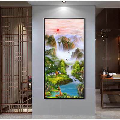 手绘油画聚宝盆山水风景玄关走廊入户装饰画壁画现代轻奢过道挂画