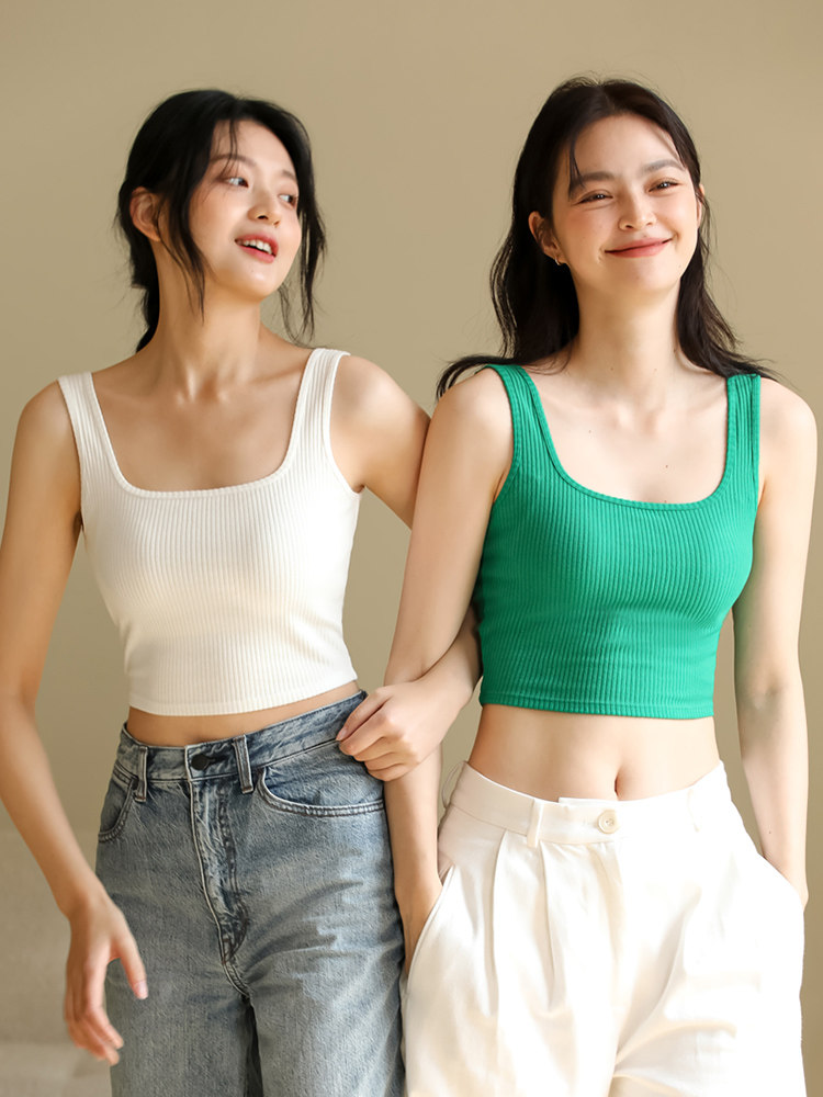 亲肤日美背背心文胸一体无袖性感上衣夏季条纹带胸垫女外穿吊带