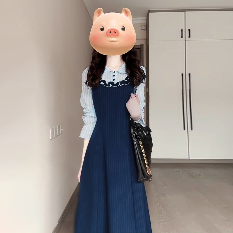 法式长袖假两件连衣裙女春季2025新款开春气质穿搭收腰显瘦长裙子