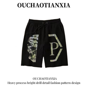 休闲五分裤 大码 纯棉男女 重工骷髅头烫钻简约百搭短裤 欧美潮牌夏季