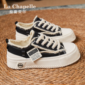 女2026新款 春夏秋季 薄款 拉夏贝尔黑色帆布鞋 透气软底百搭厚底板鞋