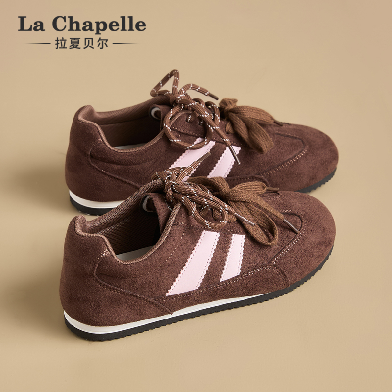 拉夏贝尔复古德训鞋女2025新款秋冬季棕色双鞋带平底休闲运动板鞋