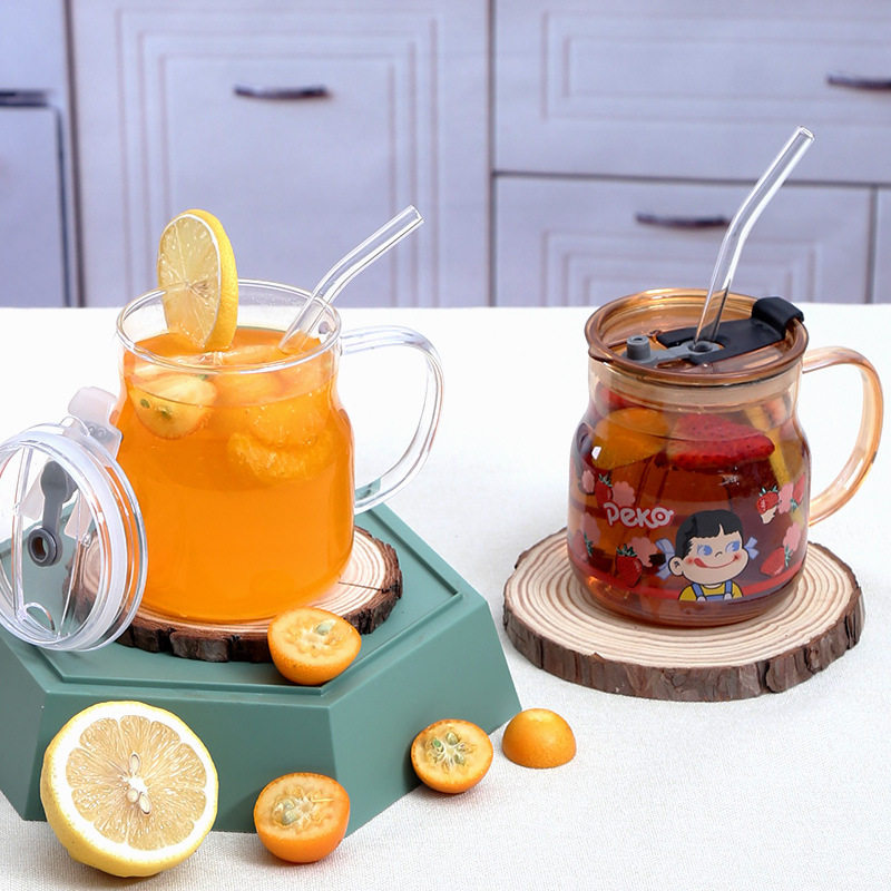 新款 吸管玻璃杯家用儿童水杯带盖刻度牛奶杯子女夏季可爱喝水茶