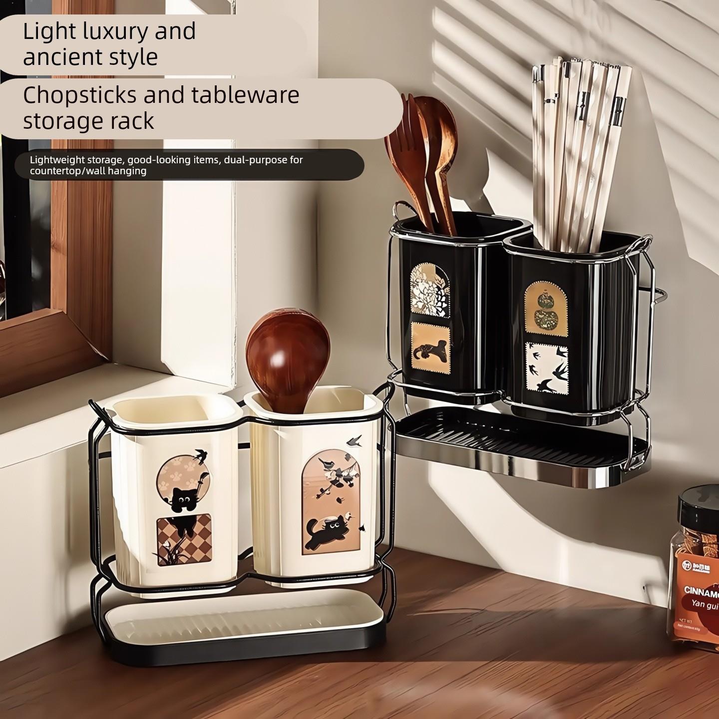 轻奢中古风家用壁挂筷子筒厨房台面沥水简约筷子筒餐具收纳置物架
