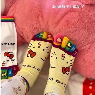 凯蒂猫五指袜女纯色棉袜夏季中筒袜防臭分脚趾学生可爱脚指头袜
