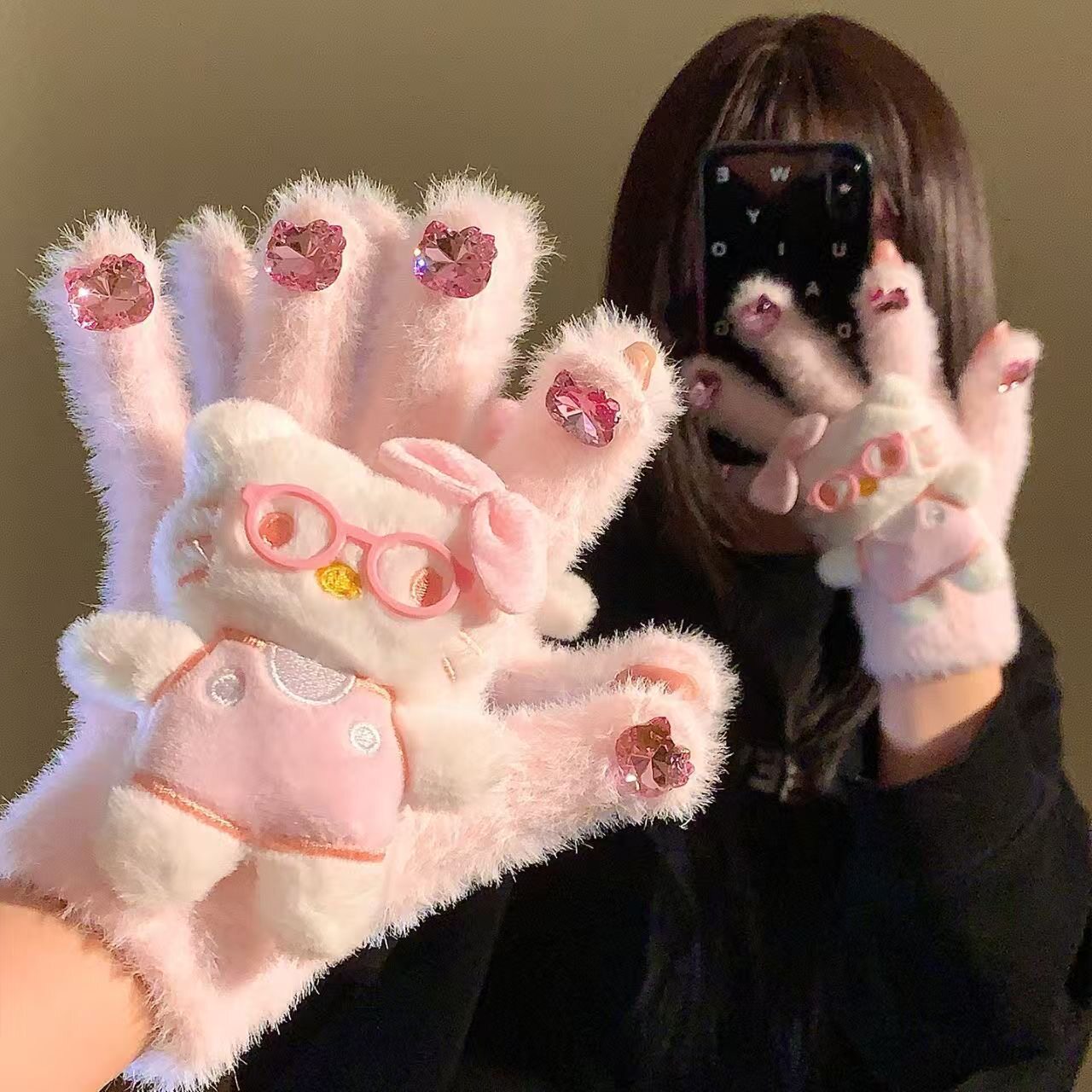 可爱白色水钻Kt猫加厚毛绒针织手套女冬季露指触屏保暖骑车防寒女